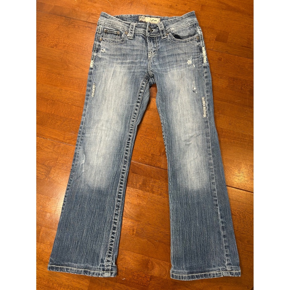BKE Culture Bootcut Jeans Womens 27R Blue Distressed Contrast Stitch Denim